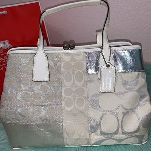 Coach Signature Metallic Silver White Shoulder Bag